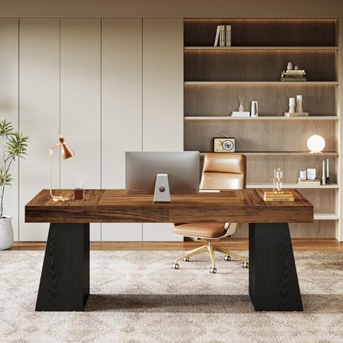 Image of Tribesigns 55-Inch Executive Desk, Large Wood Office Computer Desk with Double Pedestal, Modern Minimalist Workstations Writing Table Conference Table Furniture for Home Office, Walnut&Black