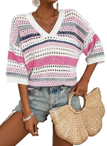 Image of Acelitt Crochet Tops for Women Summer Short Sleeve Sweater | Boho Striped Knit Top, 3 /4 Sleeve, Hollow Out Oversized Sweaters, Lightweight Blouses, Spring Fall Outfits for Beach Vacation