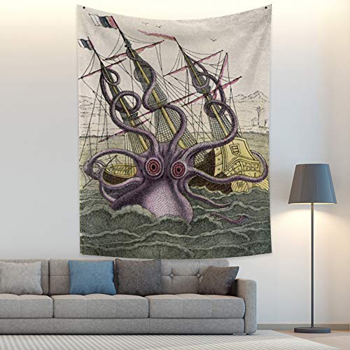 Qinunipoto タペストリー タコ 章魚 帆船 海 レトロ 120x180cm リビングルーム ベッドルーム 気分転換 飾り 布ポスター インテリア 多機能 おしゃれ 壁掛け お部屋 改造布 窓カーテン ビデオ会議 撮影用 背景布 個性ギフト ポリエステル製 [2]