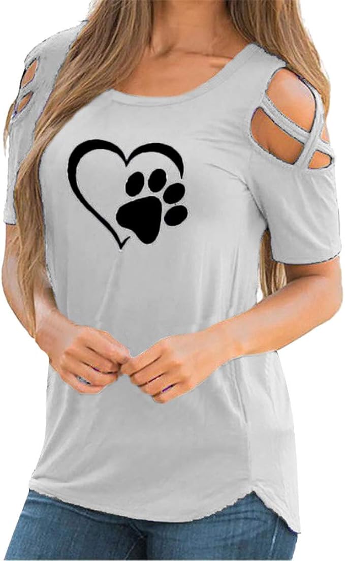 FACAIAFALO Funny Cute Love Dog Paw Print Cotton Off Shoulder Bandage Short Sleeve T-Shirt for 