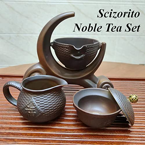 Scizorito Chinese Gongfu Tea Set Gift Box, Chinese Dragon Shape, Pure Hand Firing, With 360Rotating Teapot And Infuser, Suitable For Office, Home, Gift (Half-Moon Firewood) #TOP1