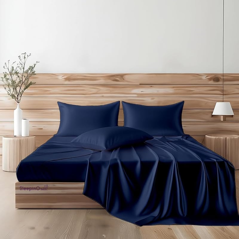 Image of Premium Satin Double Bed (90x100 Inchs) with 2 Pillow Cover Bedsheet Ultra Soft & Silky Smooth, Breathable Cooling Fabric, Luxury Glossy Finish|Navy Blue
