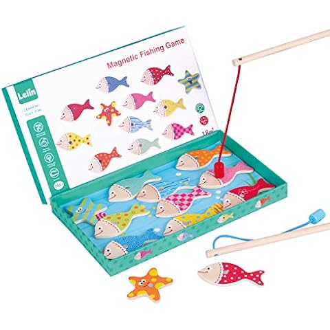 LELIN Wooden Toys Magnetic Educational Puzzle Fishing Game With Magnetic Rod and Fishes Cover