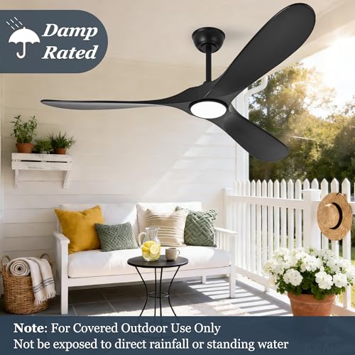 Image of Black Ceiling Fan with Light 52 Inch, Outdoor Ceiling Fans with Lights and Remote for Indoor Bedroom Living Room Patios Gazebo Modern Wooden 3 Blade Propeller Wet Rated Reversible DC Fan