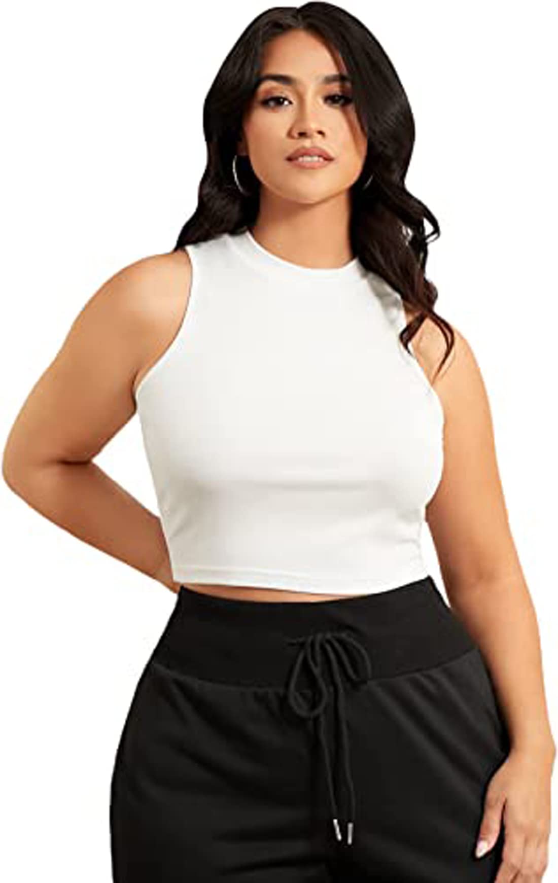 Women Basic Round Neck Ribbed Bodycon Racerback Sleeveless Crop Tops
