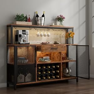 Wine Bar Cabinet with Drawer and LED Lights, 55 Inches Industry Coffee Bar Cabinet with Wine Rack and Glass Goblet Holder, Kitchen Sideboard Buffet Cabinet for Liquor and Goblet Wine Bar Cabinet with Drawer and LED Lights 55 Inches Industry Coffee Bar Cabinet with Wine Rack and Glass Goblet Holder Kitchen Sideboard Buffet Cabinet for Liquor and Goblet