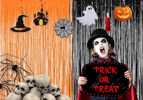 ستارة بشراشيب من الرقائق المعدنية بلون أسود وبرتقالي لتزيين حفلات الهالوين - قطعتان 1 متر × 2.7 متر، ستائر زينة معدنية خلفية كشك الصور، ديكور للغرفة وحفلات الهالوين والحفلات العائلية من برافشاين