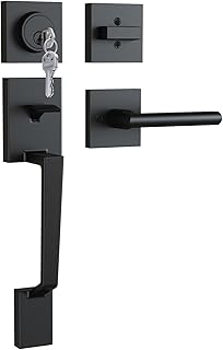 Ohuhu Front Door Lock Set, Heavy Duty Upgraded Front Door Handle Black Locksets with Deadbolt - Entry Exterior Door Handle Sets Single Cylinder Reversible Lever Matte Finish Zinc Alloy Modern Style