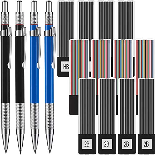 4 Pieces 2.0mm Metal Mechanical Pencils Set Refillable Automatic Pencils with 12 Cases Black (HB and 2B) and Colored Lead Refills for Drafting, Drawing, Writing, Crafting, Art Sketching