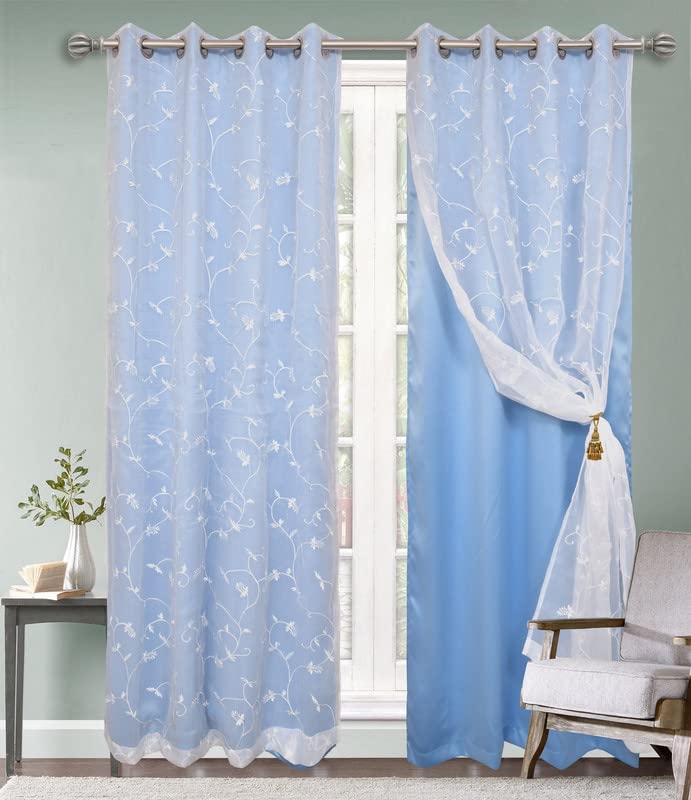 Image of 2 in 1 Embroidery Transparent Polyester Door Curtain with 80% Blackout Set of 2 Pieces(9 Feet, White Embroidery+Sky Blackout)