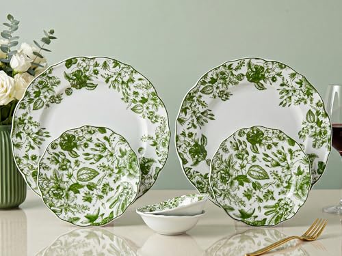 Image of Bodhi House Porcelain Dinner Set 6 Pieces - Green Leaf White Dinnerware Set | 2 Dinner Plates, 2 Quarter Plates, 2 Katori Bowls | Premium Crockery Set for Dining, Kitchen & Gifting