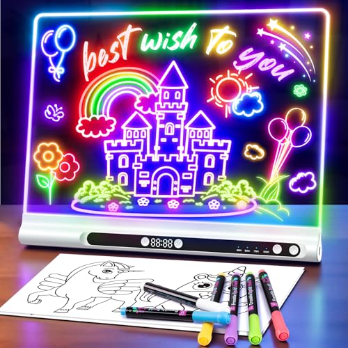 Image of Geokay 16 inch Rechargeable LED Drawing Board, 9-Color Light Modes with Timer & Built-in Stand, Neon Glow Up Dry Erase Doodle Note Pad, Sketching Gift Toy for Kids /Girls /Teens, 6 Markers & Tracing Book