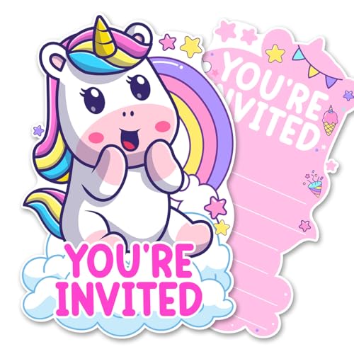 QYCFDXD Cute Unicorn Party Invitations with Envelopes, 20 Set Unicorn Three Shaped Invitations Birthday Kids Party Invites Supplies Favors, Double-Sided