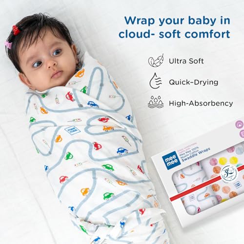 Image of Mee Mee 100% Muslin Cotton Swaddle Wrapper Set (Pack of 3) | Soft, Quick-Drying & Highly Absorbent Baby Blanket Towel | Printed Mulmul Cloth for Newborn Essentials (Multicolour, 120 x 100 cm)