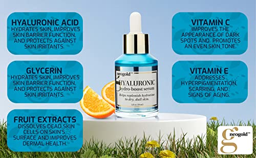 Neogold Hydrating Hyaluronic Acid Serum For Face | Vitamin E + Vitamin C Facial Moisturizer For Restoring Skin Barrier | Helps Renew, Firm, & Minimize Wrinkles, Age Spots, & Dull Dry Skin, 2 Fl Oz #TOP1