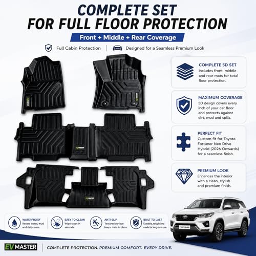 Image of EV MASTER Car Floor Mats for Toyota Fortuner Neo Drive Hybrid (2026 Onwards) Complete Set | Waterproof | Anti-Slip | Luxury Premium Car Mat | Full Coverage | Custom Fitted Car Foot Mats (5D Black)