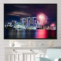 Framed Canvas Wall Art City Illuminations Aerial Cityscape Contemporary Multicolor Photography Places Realism - 16x24 inches