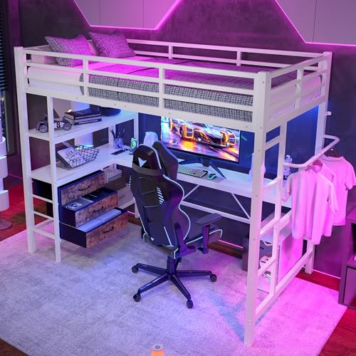 HYSZ Litera, cama de metal, 90 x 200 cm, con luces LED, escritorio, enchufe + USB, 3 cajones, estantes, barandillas, escaleras, sin colchón, color blanco