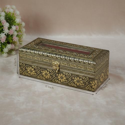 Image of TRENDWAGON Antique Gold Bangle Box with Glass Lid - 11 Inch Wooden Oxidized Jewellery Organizer - Decorative 1-Rod Chudi Case /Kangan Storage Holder for Wedding & Bridal Gift (Gold Floral)