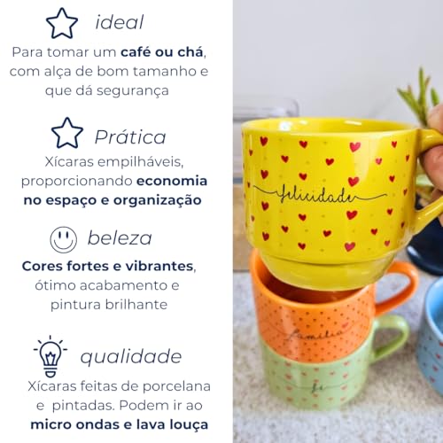 Conjunto de 4 canecas, de porcelana, empilhável, com palavras variadas, cores vibrantes, laranja, ve