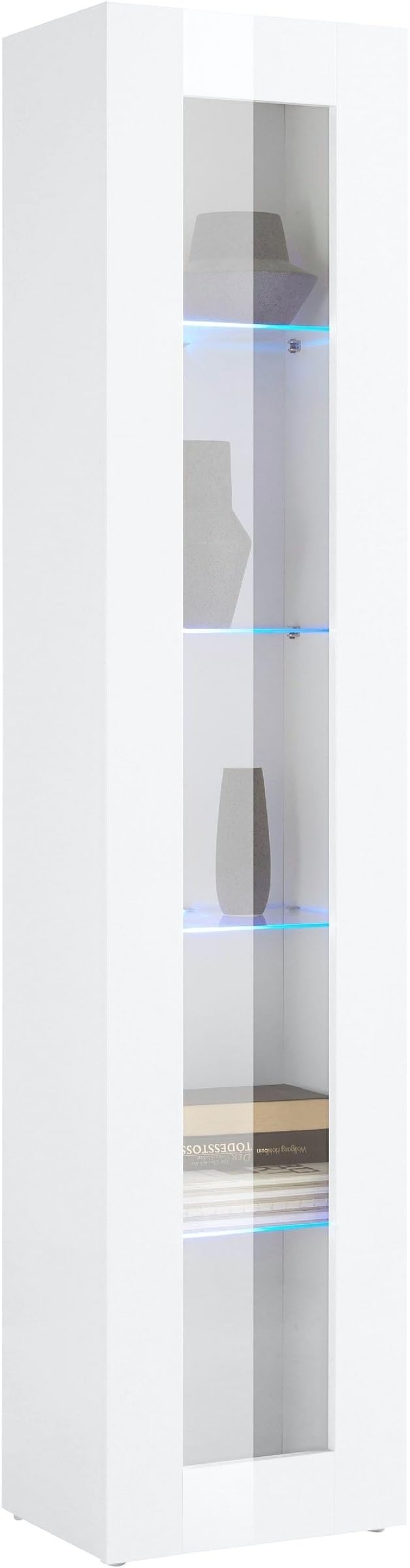 möbelando Vitrine >Benevent< Moderne Vitrine, aus melaminharzbeschichteter Spanplatte, in Weiß Hochglanz, mit 1 Glastür, 4 Glaseinlegeböden - 40x180x30cm (BxHxT), Made in Italy