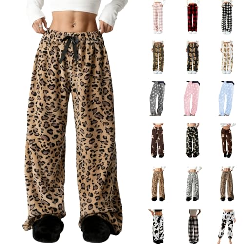 Womens Fuzzy Fleece Pajama Pants Fluffy Pj Bottoms Plush Fall Winter Cozy Warm Pajamas Cute Flannel Lounge Pant Brown leopard pants M