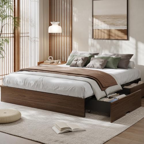 Image of GarveeHome Wood Platform Bed Frame, Queen Bed Frame with 2 Drawers | Floor Bed Frame, Low Profile Design, Wood Slat Support, No Box Spring Needed, Easy Assembly