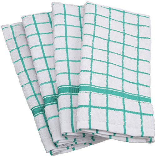 DII Cotton Terry Windowpane Dish Towels, 16 x 26" Set of 4, Machine Washable and Ultra Absorbent Kitchen Bar Towels-Aqua