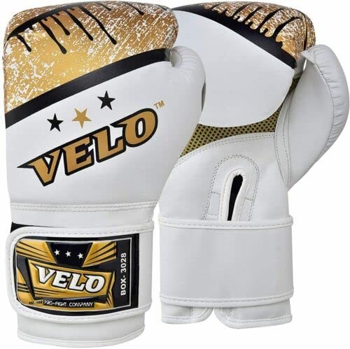 Velo Microfiber Leather Boxing Gloves For Training Muay Thai MMA (16 oz, White-gold) โ image 1