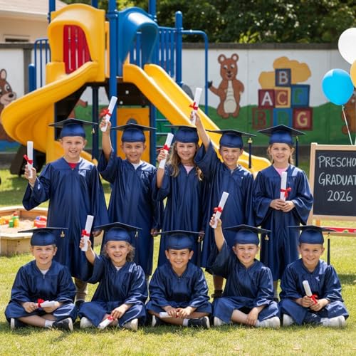 Image of Shiny Preschool Kindergarten Graduation Cap Gown Set for Kids With 2026 2025 Tassel Charm