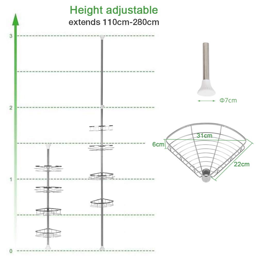 HUOLE Estanteria de Ducha sin Taladros, Estanterias de baño con 3 Capas, Estante de Esquina telescópico, Estructura de Acero Inoxidable, Plata Estanterias de baño (110-280cm (4 capas))