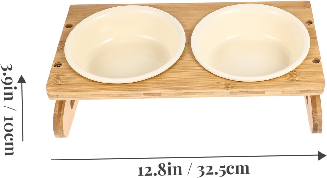Ceramic Raised Cat Bowl Elevated Pet Feeding Bowl Extra Wide Kitten Wood Base for Cat Lovers
