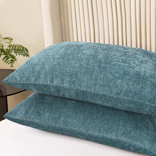 Image of CaliTime Pack of 2 Cozy Standard Pillow Shams Cases for Bed Bedding Decoration Solid Dyed Soft Chenille 20 X 26 Inches Smoke Blue