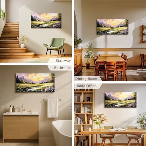 crmotu Large Landscape Wall Art, Mountain Wall Decor, River Wall Art, Natural Outdoor Canvas Prints, Meadow Wildflowers Pictures for Living Room Bathroom Kitchen Rustic Farmhouse 20x40inch
