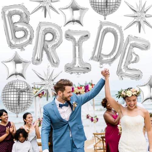 Image of Silver Bride Balloons Bachelorette Party Decorations, 32in Silver Giant Bride Balloons with 4D Disco Ball Balloon and Star Foil Balloon for Bridal Shower Wedding Engagement Party Supplies