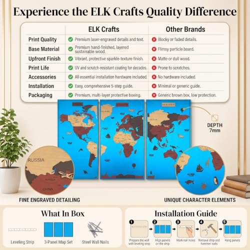 Image of Elk 3D Wooden World Map Wall Decor Art Frame 7mm Thick 165CM