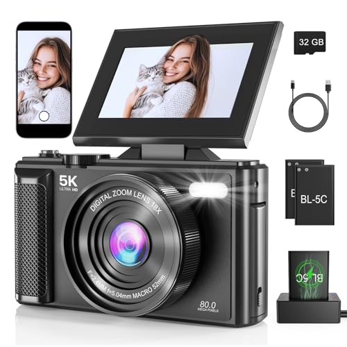 5K Digital Camera with SD Card 32GB, Vlogging Video Camera for Photography, 3'' 180° Flip Screen...