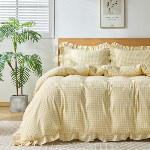 kisswish Gingham Duvet Cover Full Size 3 Pieces Soft Breathable Microfiber Plaid Duvet Cover with Zipper Closure & 2 Pillow Shams Ruffle Farmhouse Vintage Decor Yellow