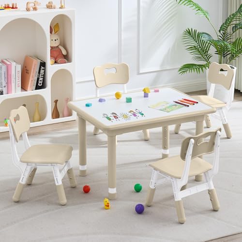DOREROOM Kids Table and 4 Chairs Set, Height Adjustable (17.7'-26.1') Toddler Table and Chair Set,...