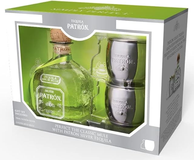 Patron Silver Premium Tequila Gift Pack with 2x Mule Mugs, 70 cl