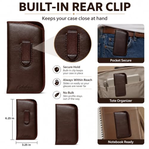 Image of Calabria Slim Eyeglass Case with Felt Lining -Brown (3 Pack) PU Leather | Soft Slip-In Glasses Sleeve | Pocket Clip Option | Protective Slim Eye Glasses Case Soft Pouch