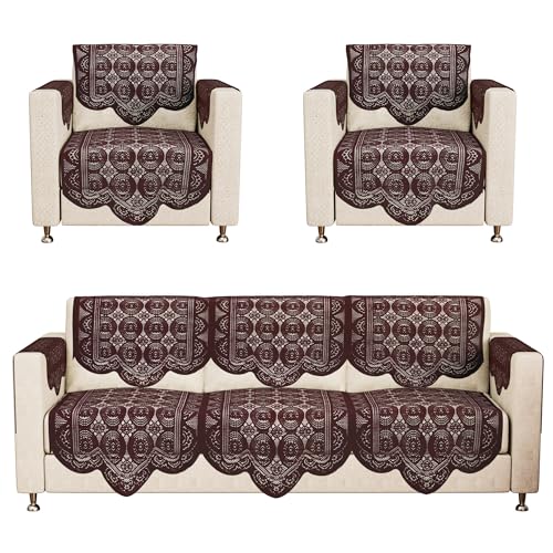 Image of Kuber Industries (Set of 16) Stylish & Durable Cotton Sofa Covers 5 Seater with Arms | Washable Sofa Protector & Slipcover for Living Room & Office | Plain Circle - Brown