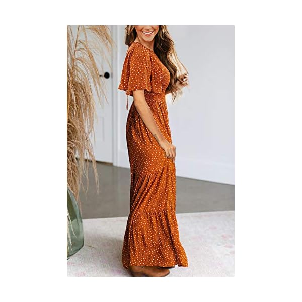 Women's Summer Dress for Women 2024 Spring Dress Short Flutter Sleeve Round Neck Casual Flowy Smocked Long Floral Maxi Dress Caramel M