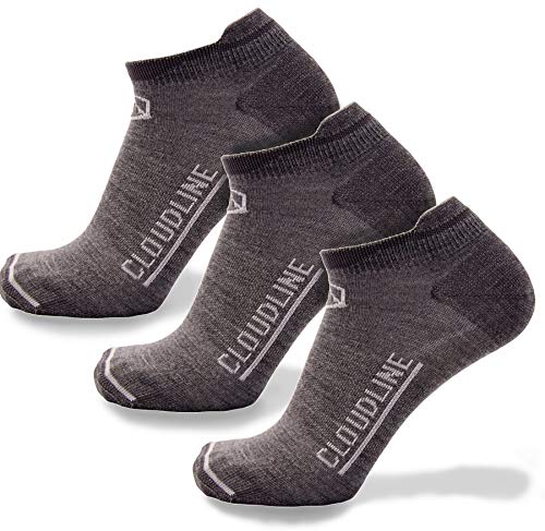 CloudLine Merino Wool Light Athletic Tab Ankle Running Socks - 3 Pack - Large Granite - for Men & Women