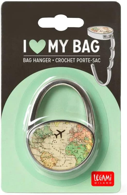 Legami HANG0001 Unisex Maps Bag Hook in use, hanging a bag from a table