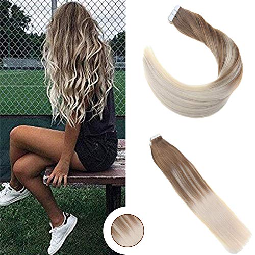 Ugeat Human Hair Extension Tape Hair 24inch Glue in Extensions Hair 20PCS/50g Balayage Brown to #60 Blonde Ombre Tape in Hair Extensions