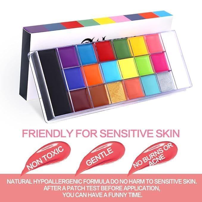 Image of Face Paint Palette with 20 Colors - Watercolor Body Paint Kit Non-Toxic & Safe for Kids and Adults | Professional Face Painting Set for Parties, Festivals & Art (Pack of 1)