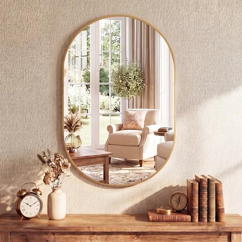 Image of Sweetcrispy 24 inch x 36 inch Gold Bathroom Mirror for Wall, Oval Wall Mirror with Metal Frame, Tempered Glass, Modern Vanity Mirror for Over Sink, Living Room, Bedroom, Entryway, Horizontal or Vertical