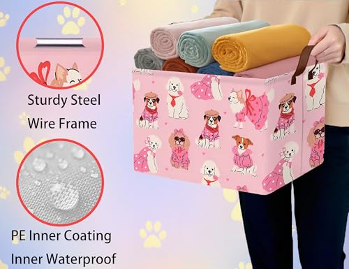 Image of Pink Dog Toy Basket Collapsible Puppy Bin Storage Organizer Large Pet Box With Handles (Girl Dog)