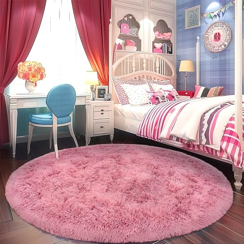 Round Fluffy Rug 8FT Blush - Super Soft Circle for Kids Room - Shaggy Circular for Nursery - Fuzzy Plush for Teens - Furry Carpet for Boys Girls Room
